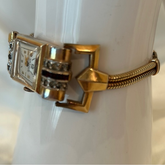 Gold Art Deco Watch with Gem Accents - Picture 2 of 5